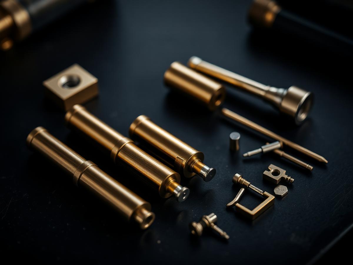 Brass lock cylinder components and precision locksmith tools on a workbench